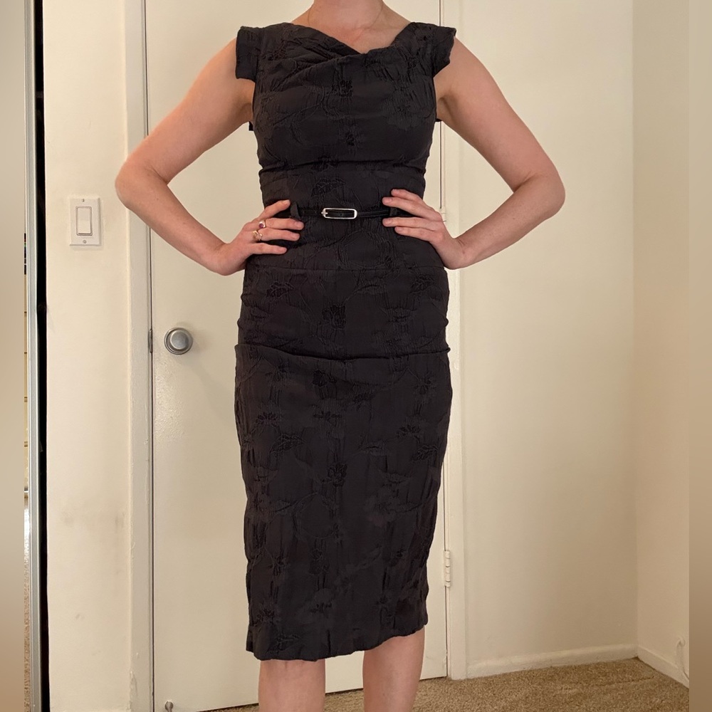 Black Halo embroidered floral dress with belt.